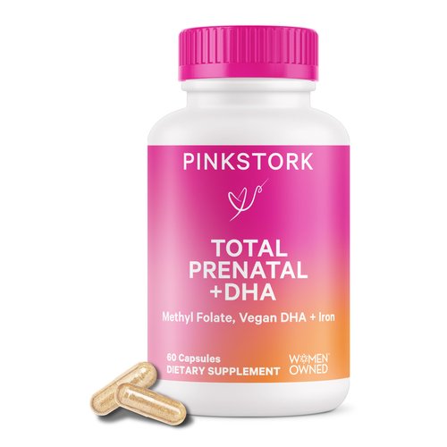 Pink Stork Total Prenatal Vitamins with DHA, Folate, Iron, Choline, and Vitamin B12 - Prenatals for Women to Support Fetal Development, Pregnancy Must Haves - 60 Capsules, 1 Month Supply