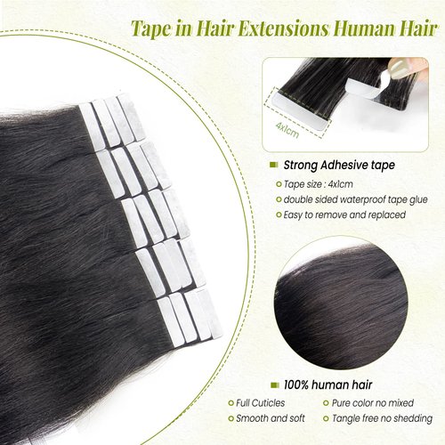 Tape in Hair Extensions Human Hair, Black Hair Extensions Real Human Hair Yaki Straight Tape ins for Black Women,16Inch 20 Pcs 50G Double Sided Invisible Tape in Human Hair Extensions