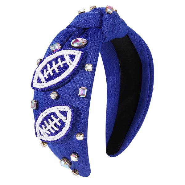 JERTOCLE Football Knotted Headbands for Women Game Day Sports Headband Pearl Crystal Bejeweled Wide Top Knot Hairband Game Day Hair Accessories (Blue White)