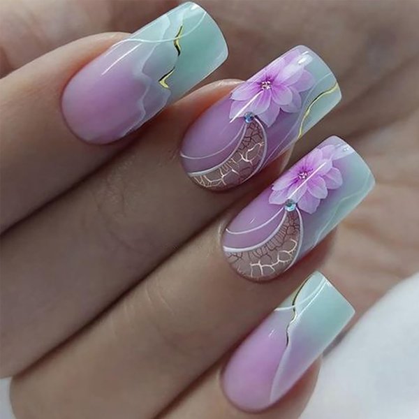 Press on Nail Square Medium Artificial Acrylic Nails Marble Pattern False Nails Gradient Flower Design French Fake Nails Full Cover Glossy Reusable Coffin Nails Glue on Nails for Women 24Pcs