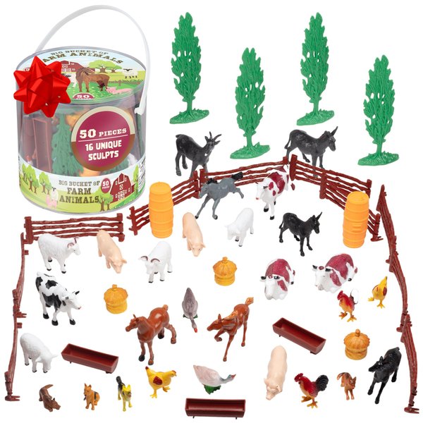 SCS Direct Farm Animal Toy Action Figure 50pc Set - Different Barnyard Animals & Accessories Including Cows, Horses, Chickens, Sheep & More - Great Bath Toys, Xmas Gift for Kids, & Stocking Stuffers