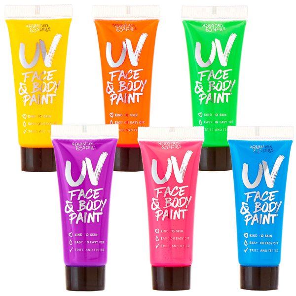 UV Body Paint 10ml - 6 Pack - Glow Paint, Glow in the Dark Body Paint for Adults, Uv Paint, Neon Glow in the Dark Face Paint, Black Light Paint, Neon Face Paint, Neon Body Paint by Splashes & Spills