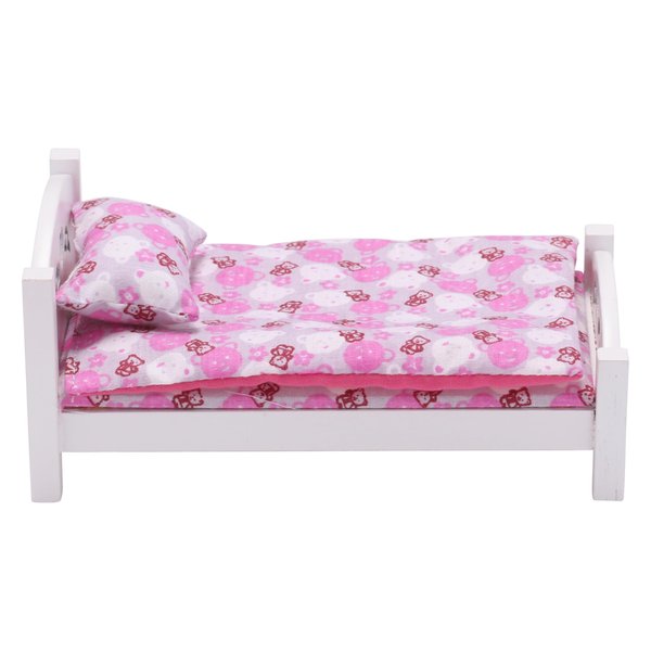 1/6 Scale Wooden Dollhouse Bed and Bedding Set, fits 12 inch Dolls, White Frame, Mini Toy Furniture, Realistic Bedroom Accessories