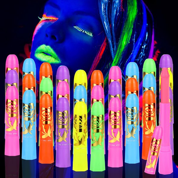 30PCS Glow in the Dark Body & Face Paint Sticks, Makeup Face Paint Kit for Kids and Adults Halloween Club, UV Black Light Birthday Party Masquerade Neon Glow Party Supplies