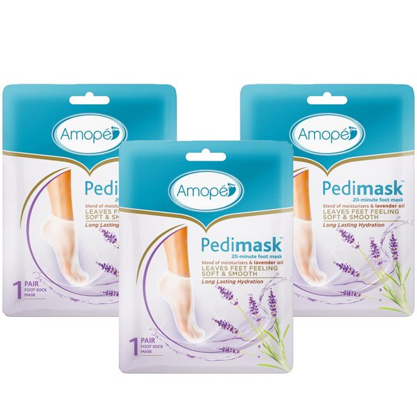 Amopé PediMask 20-Minute Foot Mask, Intensely Moisturizing Socks, Rejuvenates & Soothes, Self-Care, w/ Lavender Oil, Urea, a Blend of Moisturizers & Vitamin Complex for Long Lasting Hydration, 3 pair
