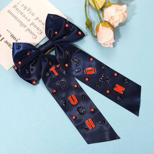 Football Hair Bows for Women Game Day Hair Bow Clips Big Red Black Blue Silky Satin Hair Ribbon Bows Barrettes Jeweled Football Cheer Bows Game Day Accessories Outfits Party Favors Gifts