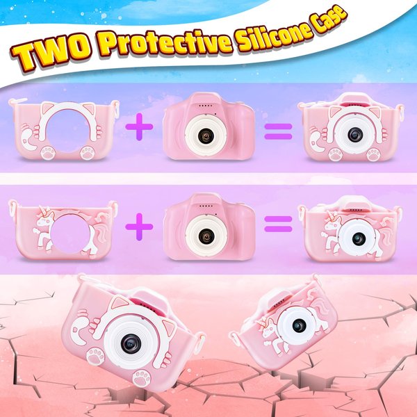 Kids Camera for 3-12,Digital Video Cameras for Kids with 2 Protective Cover, Toddler Camera Toys for Boys and Girls, Birthday Gifts for Kids Includes 32GB SD Card (Pink)