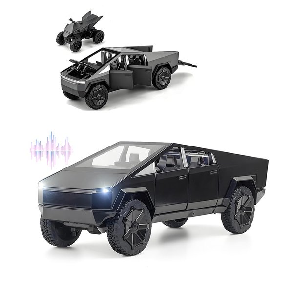 Cyber Truck Toy with Motorcycle Diecast Metal 1/32 Cybertruck Model Pickup Race Car Toy Display Metal Model Toy Truck Pickup for Kids Age for 6 Year Up