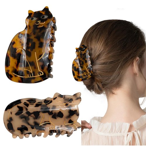 KuuGuu 2 PCS Cat Hair Claw Clip Cute Tortoiseshel Hair Clips 3.35 Inch Strong Hold Hairpin Speckled Animal Shaped Acetate Barrettes Hair Accessories for Women Girls Thick Thin Hair