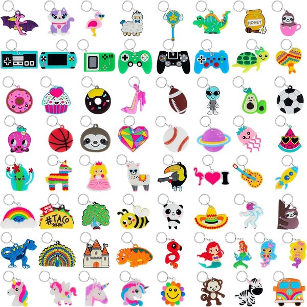 Guoiondw 65 Pieces Cartoon Keychain Christmas Gifts, Keychains with Video Games, Turtles, Dinosaurs, Donuts, Glow-in-the-Dark Unicorns, etc.,Suitable for Birthday School Carnival Rewards