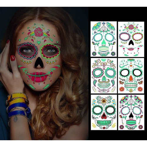 Temporary Face Tattoos, 6 sheets Day of the Dead Decorations Glow in The Dark,Sugar Skull Stickers Halloween Makeup for Men and Women (Face Tattoos)
