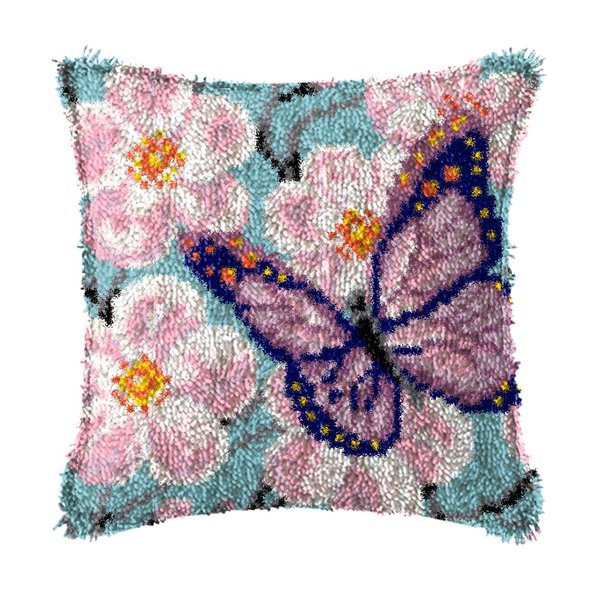 LAPATAIN Latch Hook Kits for DIY Throw Pillow Cover,Purple Butterfly Needlework Cushion Cover Hand Craft Crochet for Great Family 17x17inch