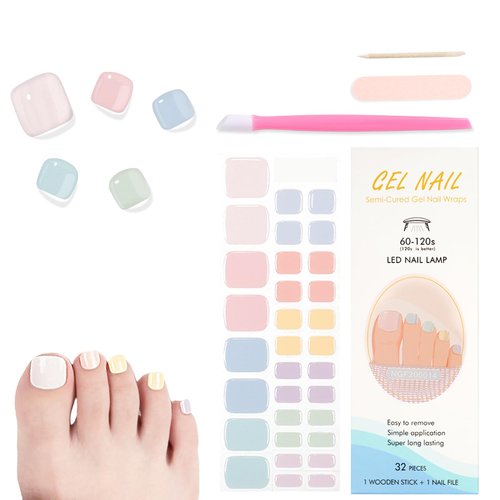 WOKOTO Semi Cured Gel Nail Strips For Toenails, 16 Size 32 Tips Multicolor Pastels Toe Nail Polish Strips With Nail File & Wooden Stick, Works With Lamps, Salon-Quality, Long Lasting, Easy To Use