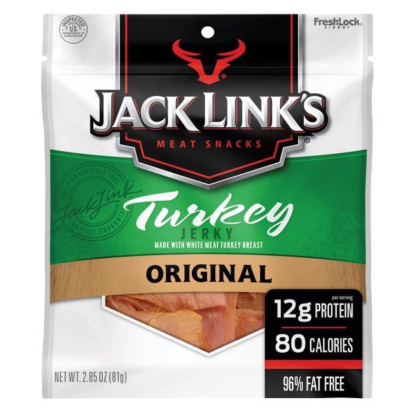 Jack Link's Turkey Jerky, Original Flavor, 2.85 oz – Flavorful Meat Snack,12g of Protein and 70 Calories, Made with Premium Turkey - 96 Percent Fat Free, No Added MSG or Nitrates/Nitrites