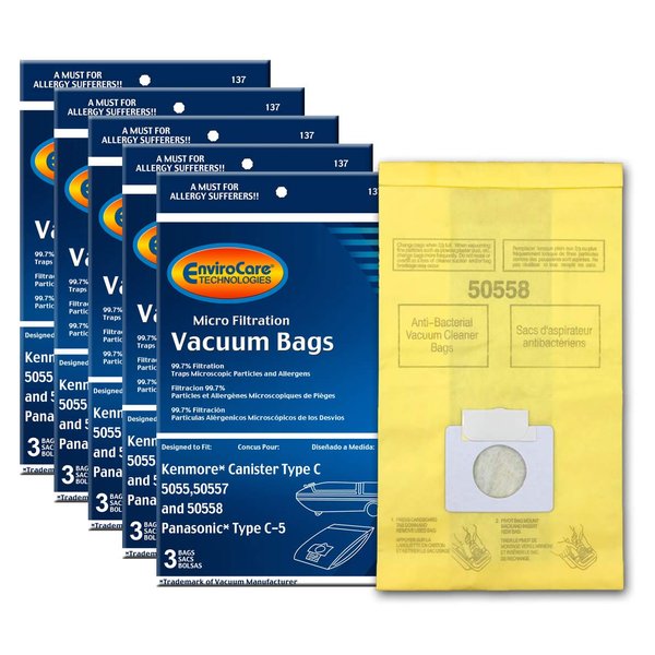 Envirocare Replacement Vacuum Bags Compatible with Kenmore Canister Type C/Q. 5055, 50557 and 50558 Panasonic Type C-5 Vacuums,15 pack