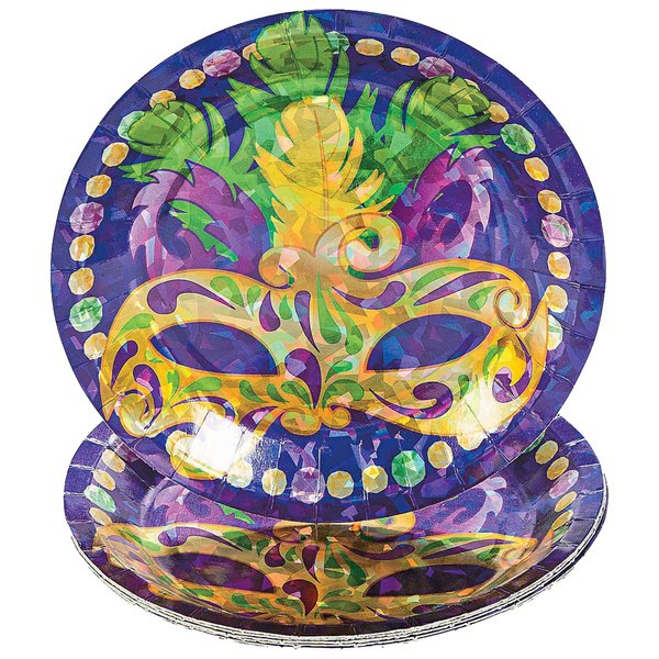Fun Express - Prismatic Mardi Gras Dessert Plates for Mardi Gras - Party Supplies - Print Tableware - Print Plates & Bowls - Mardi Gras - 8 Pieces