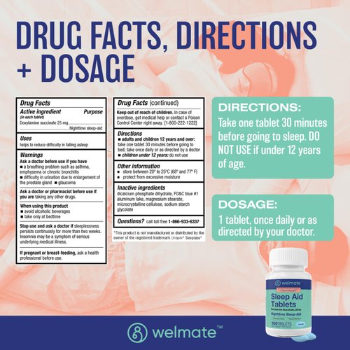 WELMATE | Nighttime Sleep Aid | Doxylamine Succinate 25 mg | for Adults & Children 12+ | 200 Tablets