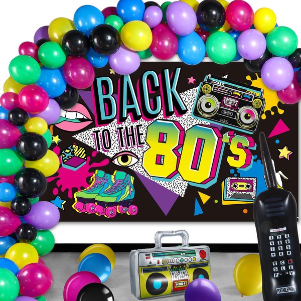 80s 90s Party Decorations 80's 90's Party Bundle Includes Inflatable Radio Boombox and Mobile Phone, 6 x 3.6 Ft Back to The 80's or 90's Backdrop and 55 Pieces Balloons, 80s 90s Party Supplies (80s)