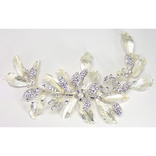 EnchantedBrides Handmade Ivory/Champagne Silver Couture Bridal Clip with Genuine Silver Plated Metal Leaves and Rhinestone-Encrusted Leaves and Crystal Rhinestones and Pearls on Twisted Wires for Brid