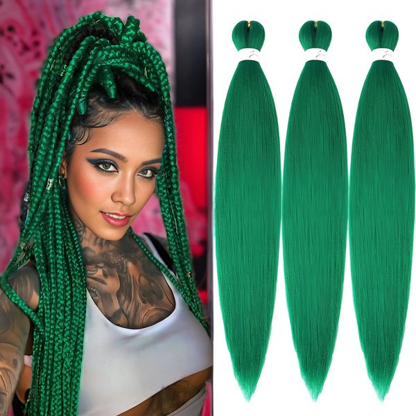 Pre-Stretched Braiding Hair Extensions Green Braiding hair 26 inch 3 Packs Synthetic Crochet Braids, Hot Water Setting Professional Soft Yaki Texture. (26inch(3Packs),Green#)