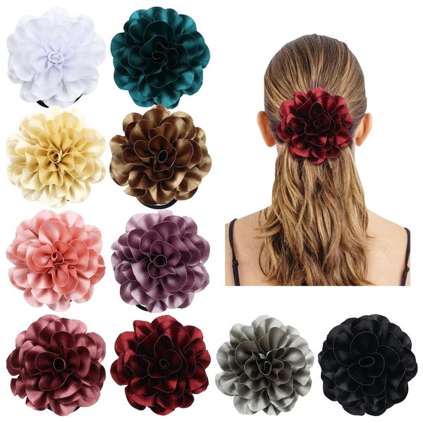 Cinaci 10 Pack Solid 4" Handmade Big Flower Floral Stretchy Rubber Elastics Hair Ties Ropes Hair Bands Headbands Rings Scrunchies Ponytail Holders Hair Accessories for Women Girls
