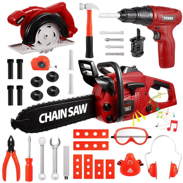 Vextronic Kids Tool Set 36 PCS with Toy Chainsaw Electronic Toy Drill with Sound and Light, Pretend Play Kids Tool Box Construction Toy, Great Toy Tool Set for Toddlers Boys Girls Ages 3+