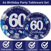 96 Pcs 60th Birthday Party Supplies Navy Blue and Silver Birthday Plates 60th Birthday Paper Tableware Happy Birthday Party Plates and Napkins Forks Blue Birthday Table Decorations for 24 Guests