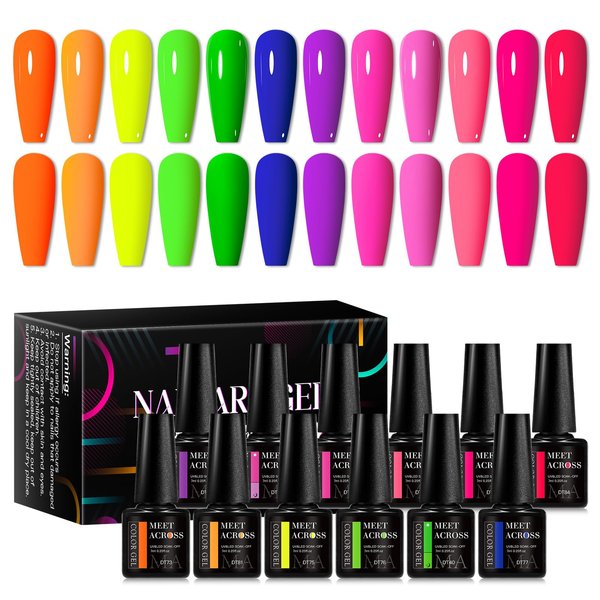 MEET ACROSS Neon Gel Nail Polish Set 12pcs Fluorescent Orange Yellow Green Blue Hot Pink Red Purple Spring Summer Nail Polish Set for Halloween