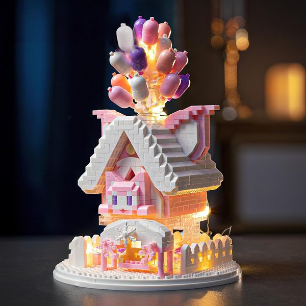 Insgen House Building Blocks Kit Toys Set, Mini 1493 Pcs Micro Bricks Collectible Creative Teen Girl Gifts Age 14 and Up, Dust Cover, and Wooden Base Up Balloon Castle Toys DIY Decoration Home