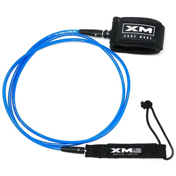 XM SURF MORE Premium Surfboard Leash, 8ft, Made in USA, Comp Cord Thickness (0.220in), Key Pocket, Unbreakable Swivels, Detachable Railsaver, Blue Leash, Black Strap, Kink-Free [3 Year Warranty]