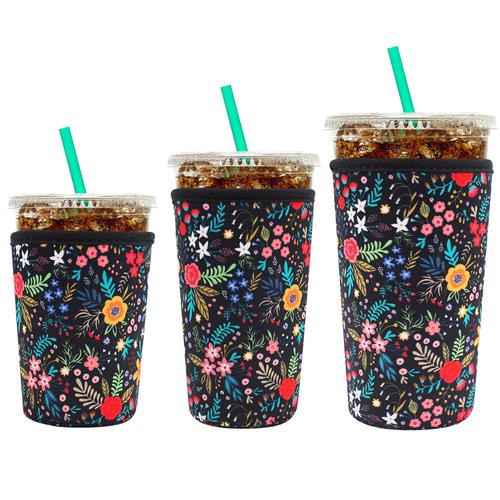 YR Reusable Neoprene Insulator Sleeve for Iced Coffee Cups, 3 Pack Coffee Coolies sleeves for Iced & Hot Drinks, Cold Beverage Cooler Compatible with Starbucks Dunkin Coffee and More