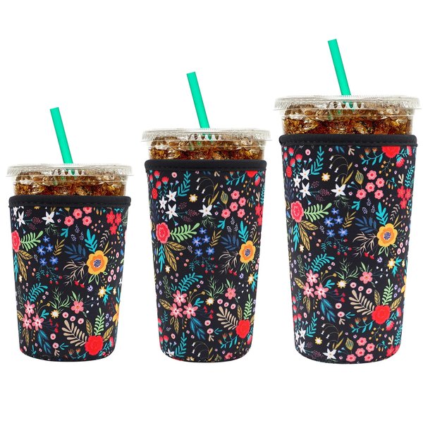 YR Reusable Neoprene Insulator Sleeve for Iced Coffee Cups, 3 Pack Coffee Coolies sleeves for Iced & Hot Drinks, Cold Beverage Cooler Compatible with Starbucks Dunkin Coffee and More