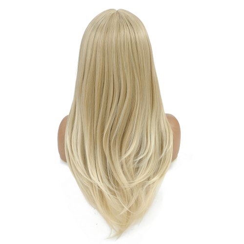 SWACC Long Layered Straight Wig with Bangs Synthetic Hair Wig for Women with Wig Cap (Light Blonde Ombre)