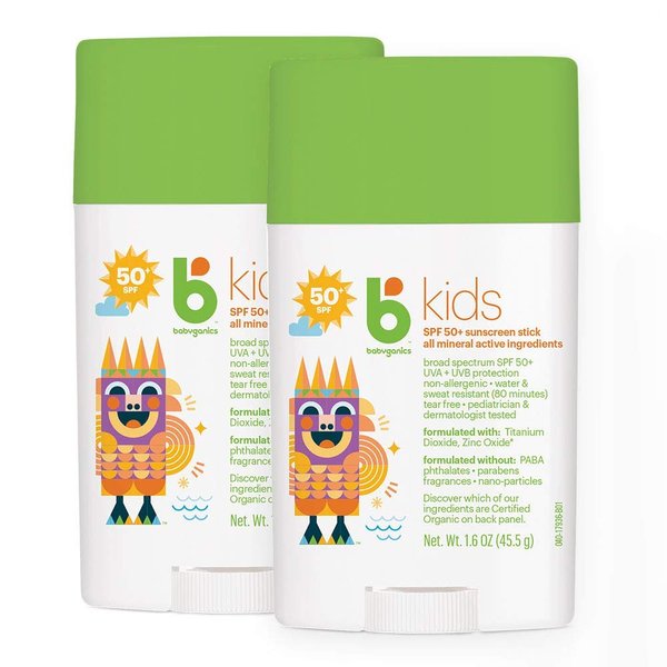 Babyganics SPF 50 Travel Size Kids Sunscreen Stick UVA UVB Protection | Water & Sweat Resistant |Non Allergenic, 1.6oz (Pack of 2)
