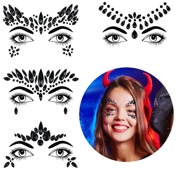 Bowitzki Halloween Face Jewels Festival Design Women Mermaid Face Gems Rhinestone Crystals Stickers Eyes Body Temporary Tattoos (Black-C)
