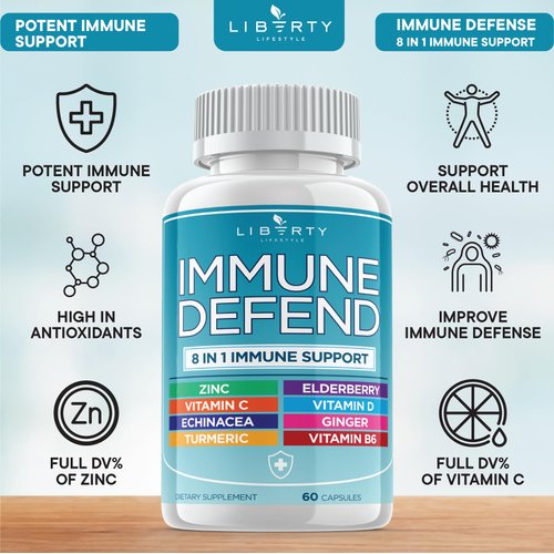 8 in 1 Immune Defense Support, Immunity Capsules Supplement Booster with Echinacea Zinc 50mg, Vitamin C , D3 5000 IU, Turmeric Curcumin & Ginger, Echinacea - Allergy Relief for Kids Adults (1 Pack)