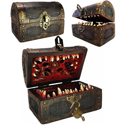 Galdor's Guild Mimic Dice Chest Storage Box | Free Lock & Key | Compatible with Dungeons & Dragons Players, Dungeon Master/DM RPG Gaming | Holder Vault Case | Holds 4 Sets of Polyhedral Dice (Regular)