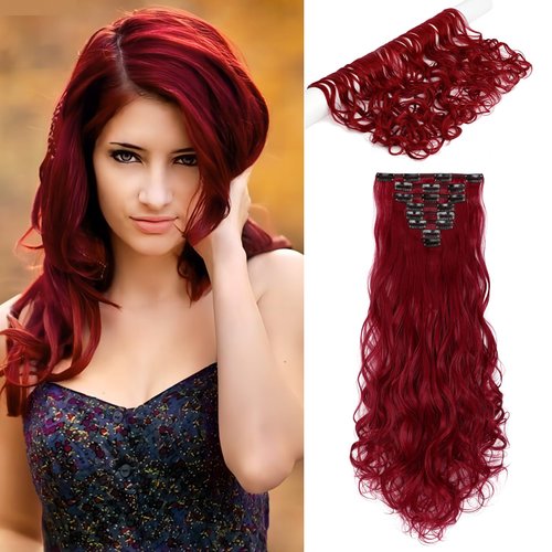 Cephermer Hair Extensions Wavy 8 PCS Clip in Hair Extensions 24" Long and Thick 160g Synthetic Hairpieces Double Weft Natural Soft Hair for Women Wine Red