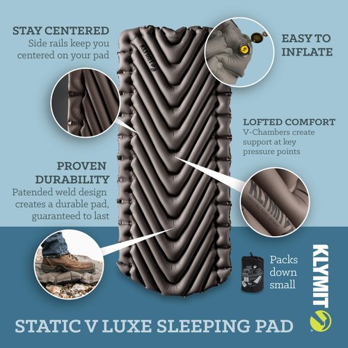 Klymit Static V Luxe Sleeping Pad, Lightweight Lofted Camping Air Mattress for Tents and Cars with Body Mapping Tech, 3 In Thick Grey
