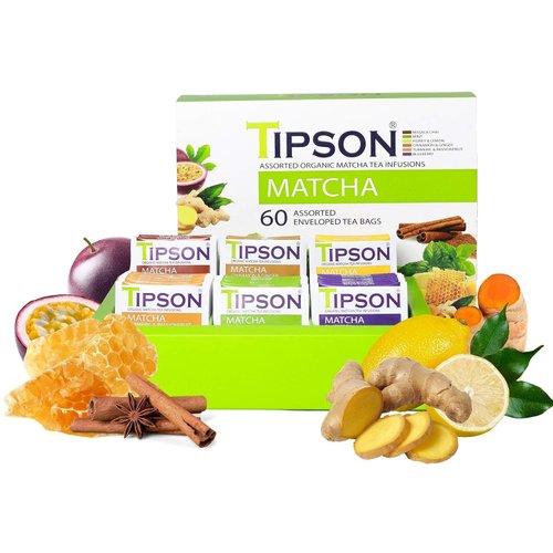 Tipson Organic Matcha Variety Sampler - 6 Flavors (60 Tea Bags), Herbal Tea Infusions - USDA Organic, Non GMO, and Gluten Free