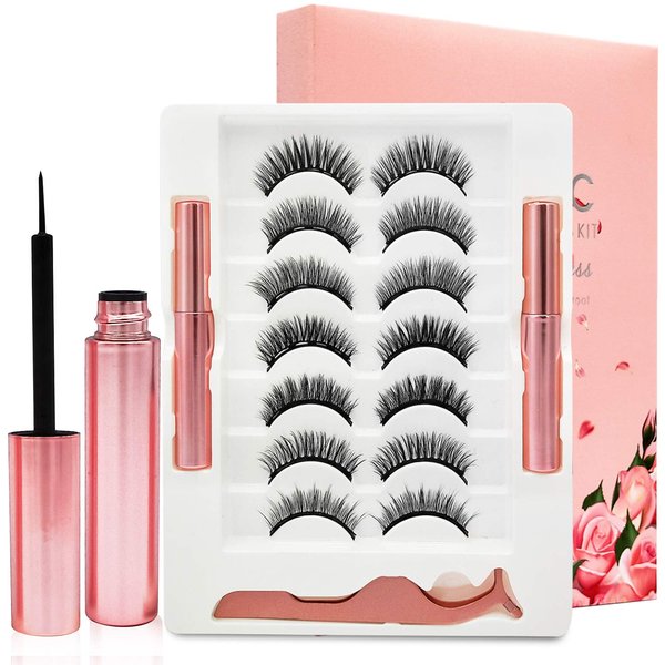 Magnetic Eyelashes Natural Look- Magnetic Lashes with Eyeliner -7 Pair 3D Magnetic Eyelash Kit with 2 Tubes of Liner-Upgraded Strong Hold, Reusable Fake Eyelashes Easy to Apply