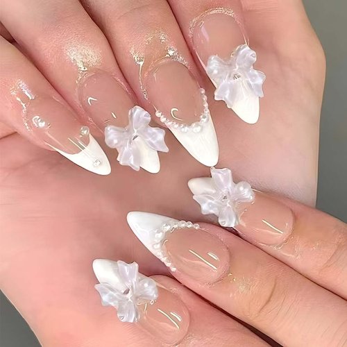 Foccna Press on Nails Almond Medium Pearl White Fake Nails French Glossy 3D False Nail Tips Artificial Nails Finger Manicure for Women&Girls -24 pcs