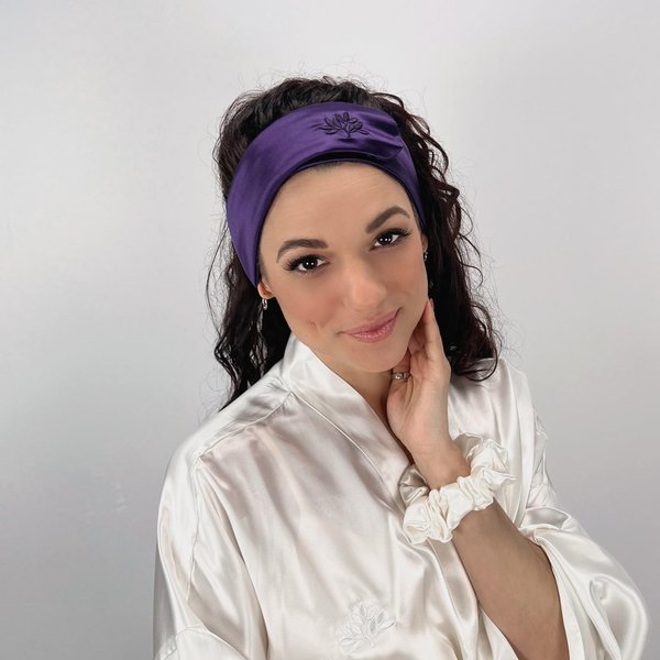 Mulberry Park Silks Glam Band - Spa Headband for Face Washing, Makeup Routine, Skin Care Treatments - 100% Grade 6A, 22 Momme Silk - Plum