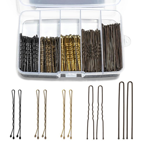 Mia Klein Bobby Pins and Hair Pins Combo Box 500PCS, Big Quantity Hair Pins Kit Black Brown Gold Bobby Pins and U Shape Hair Pins Brown for Styling Hair with Storage Box 2" / 2.4" / 2.6” for Women