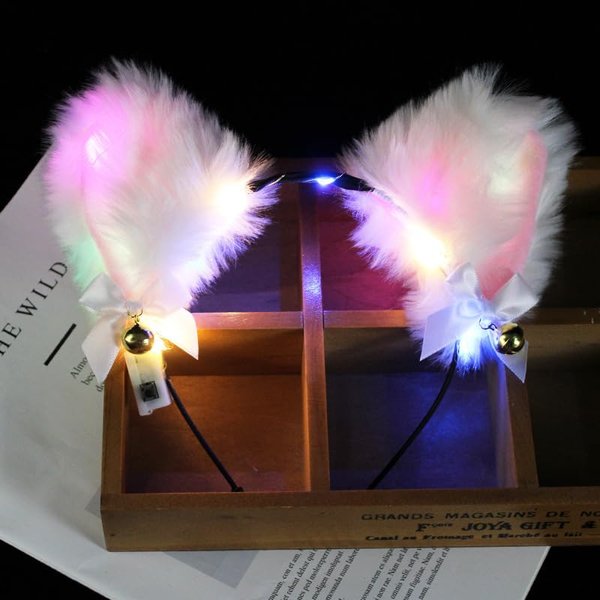 YOVECATHOU Light Up Headband Cat Ears With Bell Furry Headband Rave Accessories For Women Girls Valentine's Day Party Costume (Colourful)