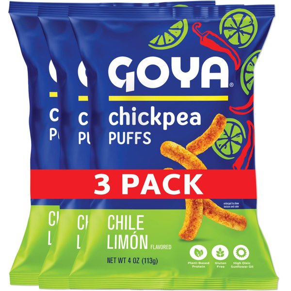 Goya Chickapea Puffs, Chile Limón | 3-Pack, 4oz Bags | Crunchy, High-Protein Snacks | Gluten-Free, Vegan, Plant-Based | Zesty Flavor with a Hint of Spice