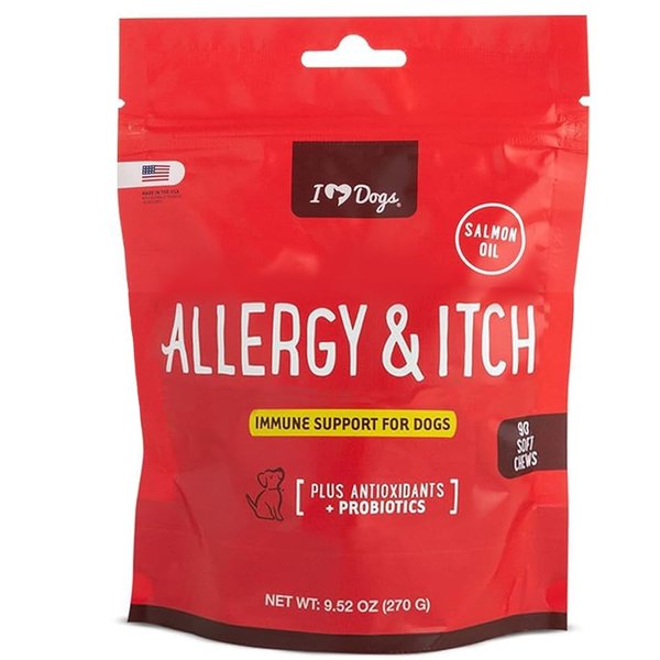 iHeartDogs Allergy & Itch Relief for Dogs with Salmon Oil, Quercetin, Colostrum, Antioxidants and Probiotics - 90 Count