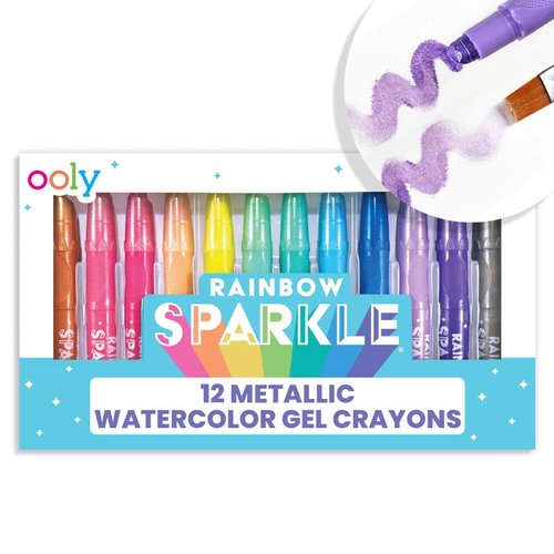 OOLY Rainbow Sparkle Metallic Watercolor Gel Crayons, Set of 12,Glitter Gel Markers for Kids and Toddlers, Colorful Twistable Crayons for School, Drawing [Metallic Gen 2]