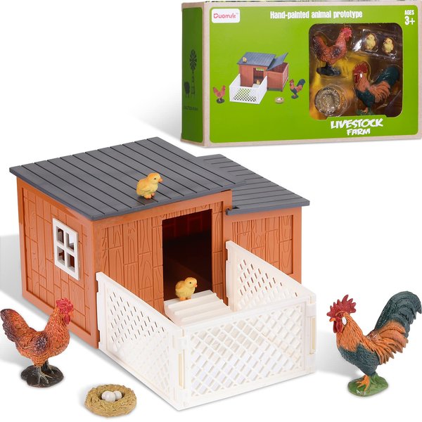 Skylety 9 Pieces Easter Chicken Figurine Chicken Model Playset Farm Action Figures Fences Around Building Blocks Farm Coop Set Birthday Party Present Animal Easter for Kids Age from 3 to 8
