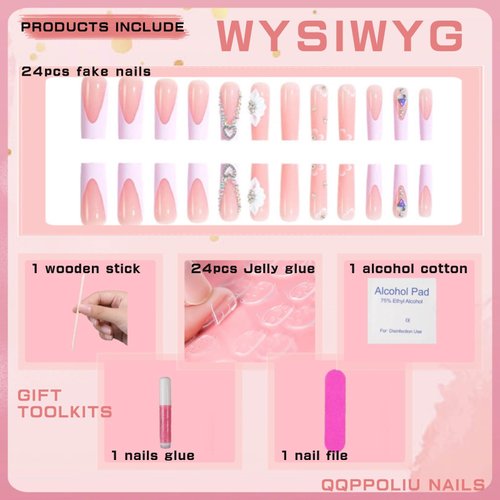 QQPPOLIU Press on Nails,Long Coffin Press on Nails Rhinestones Fake Nails with Flower Design Nails Holiday Gift for Women 24pcs